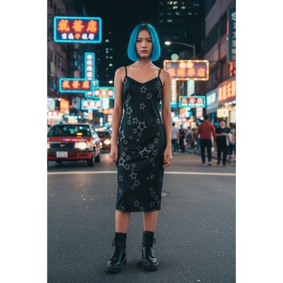 By johnny. Australia Star Scatter Slip Dress Midi Stretch Black US 6 - Picture 1 of 16